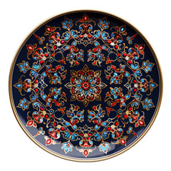 Intricate decorative plate featuring vibrant floral pattern in red, blue, and gold on dark background, showcasing artistic craftsmanship and elegance. 