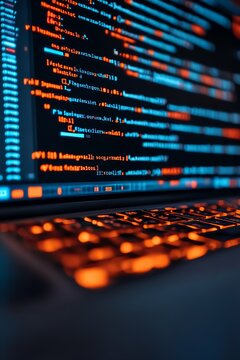 Close-up of a laptop keyboard with code displayed on the screen.