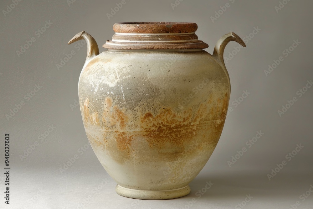 Poster elegant ancient style clay vase with handles and a lid standing on a white background