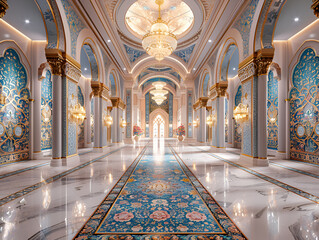Obraz premium a large hall with a carpet and chandelier