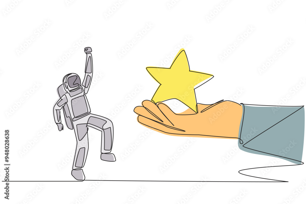 Poster continuous one line drawing astronaut was happy to get a star from the giant hand. achieving dreams.