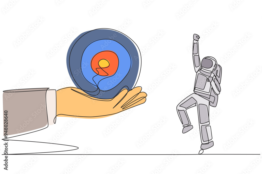Poster single continuous line drawing astronaut was excited to get the arrow target board from a giant hand