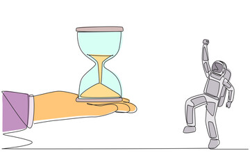 Single continuous line drawing astronaut excited to get the hourglass from the giant hand. The time has come. It's time to return to earth. Very happy. Cosmonaut. One line design vector illustration