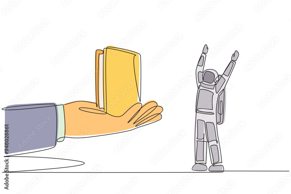 Aufkleber single continuous line drawing the astronaut was excited to get a wallet from the giant hand. simple