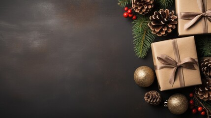 Festive Delights: Captivating Top View of Christmas Gift Adorned with Pine Cones and Cinnamon Sticks