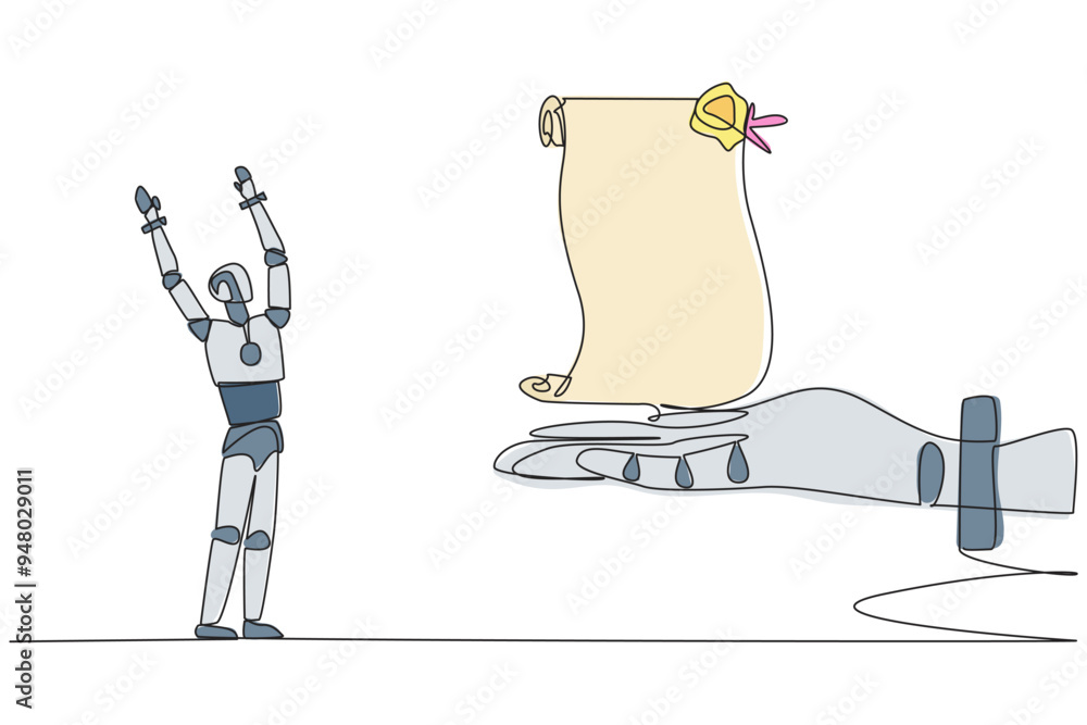 Aufkleber continuous one line drawing robot was excited to get roll of stamped paper from the giant hand. tran