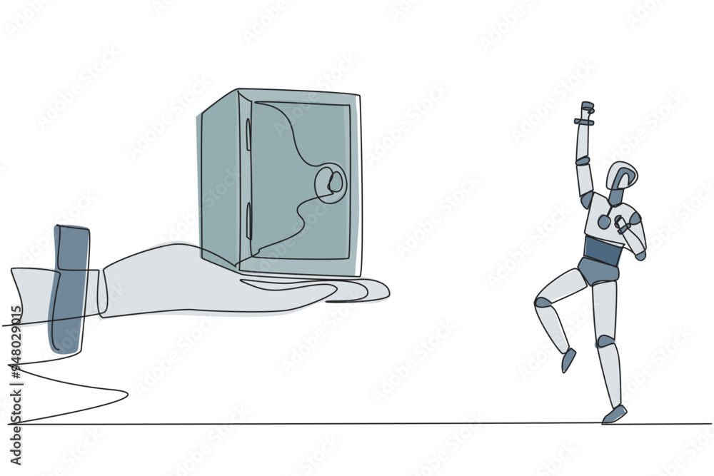 Aufkleber single one line drawing a robot excited to get a safe deposit box from a giant hand. the safest stor
