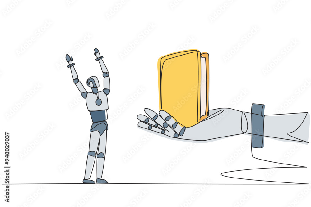 Poster continuous one line drawing robot was excited to get a wallet from the giant hand. a compact place t