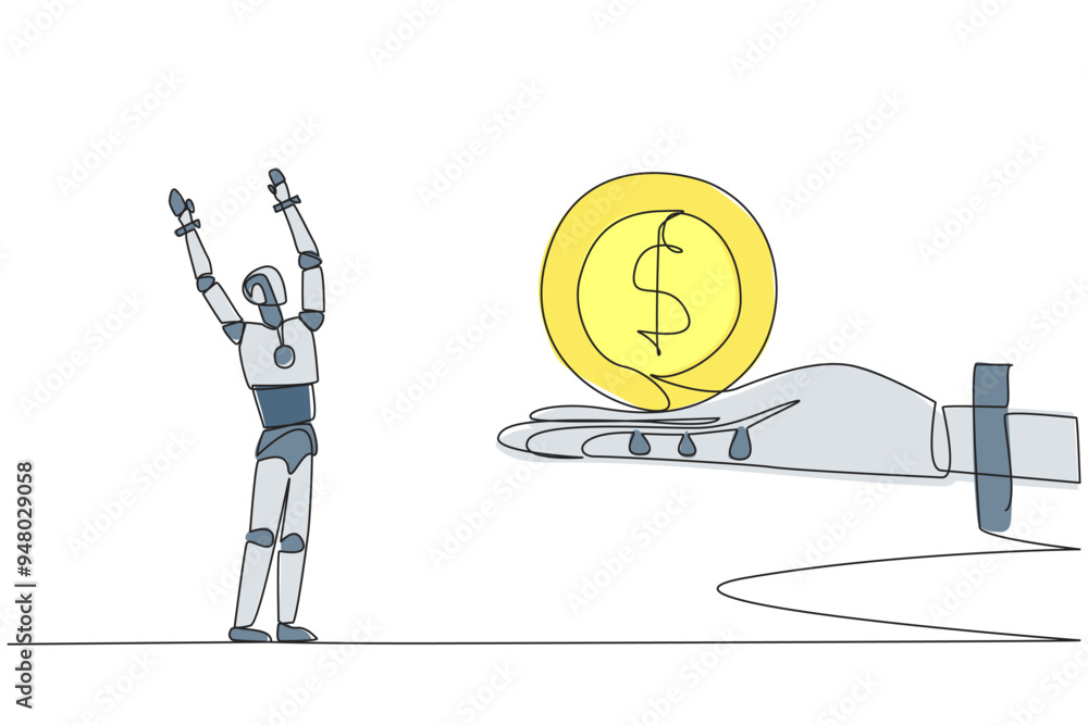 Poster single one line drawing a smart robot excited to get dollar symbol coin from a giant hand. intellige