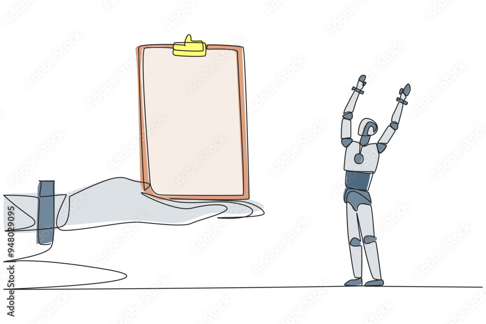 Poster single continuous line drawing a smart robot was excited to get the clipboard from the giant hand. m