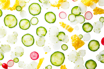 Fresh and Vibrant: A colorful medley of sliced cucumber, radish, and corn kernels dances in mid-air, creating a vibrant and appetizing pattern against a crisp white background. This dynamic image is p