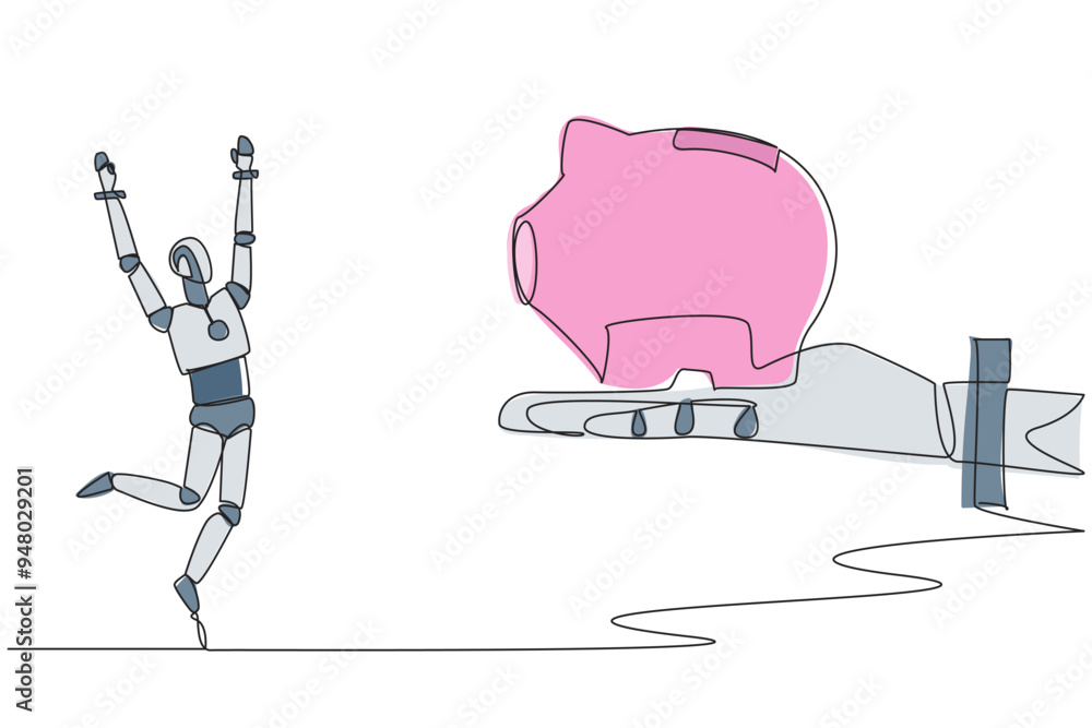 Poster single one line drawing a robot happy to get a piggy bank from giant hand. invest in algorithm testi