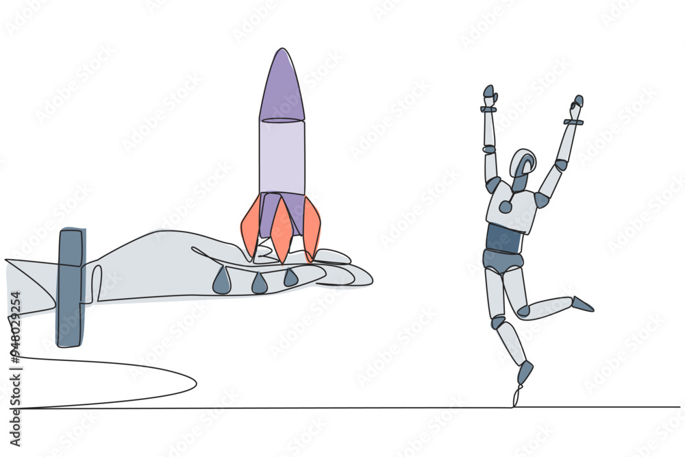 Poster single continuous line drawing a smart robot is happy to get rocket from the giant hand. futuristic 