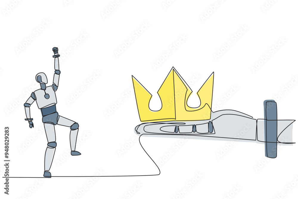 Poster single continuous line drawing robot happy to get the crown from the giant hand. mastering the world