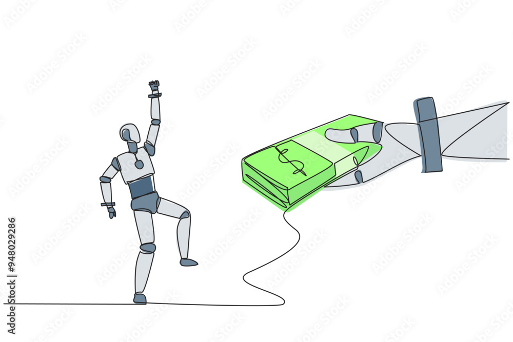Poster single one line drawing a robot excited to get a stack of banknotes from giant hand. success that ma