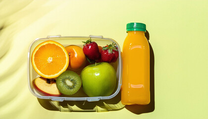 lunch with bottle of juice and fruits