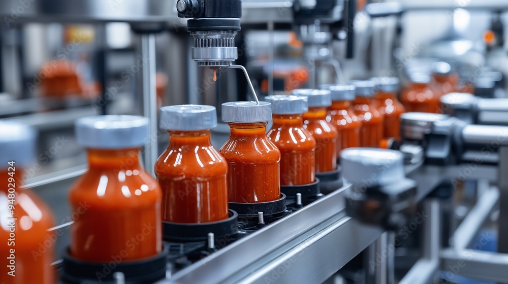 Poster precision bottling on the production line: a close-up view of glass bottles filled with a vibrant re