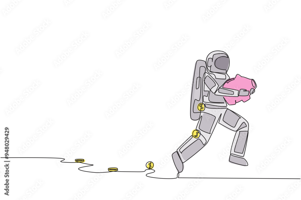Poster continuous one line drawing young astronaut running while carrying a piggy bank with coins scattered