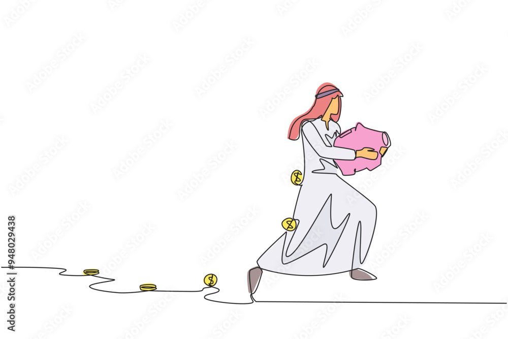 Poster single continuous line drawing arabian businessman running while carrying a piggy bank with coins sc