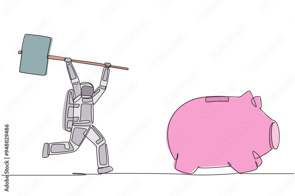Aufkleber continuous one line drawing astronaut holding a big hammer chasing big running piggy bank. serious f