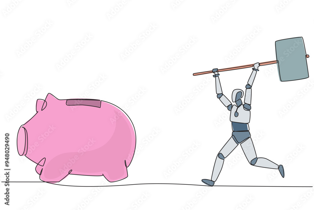 Canvas Prints Single continuous line drawing robot holding a big hammer chasing big running piggy bank. Artificial intelligence trials require funding. Disburse emergency funds. One line design vector illustration