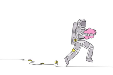 Obraz premium Continuous one line drawing young astronaut running while carrying a piggy bank with coins scattered around. Saving space expedition investments. Cosmonaut. Single line draw design vector illustration