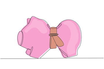 Continuous one line drawing tighten the belt around the piggy bank's stomach. Reduce unnecessary costs. Avoid financial crisis. Avoid recession. Save money. Single line draw design vector illustration