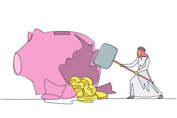 Single continuous line drawing Arab businessman hit big piggy bank with big hammer until cracked. Coins scattered around. Financial problem. Not always profitable. One line design vector illustration