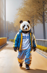 Panda in a tracksuit, against the background of an autumn landscape.