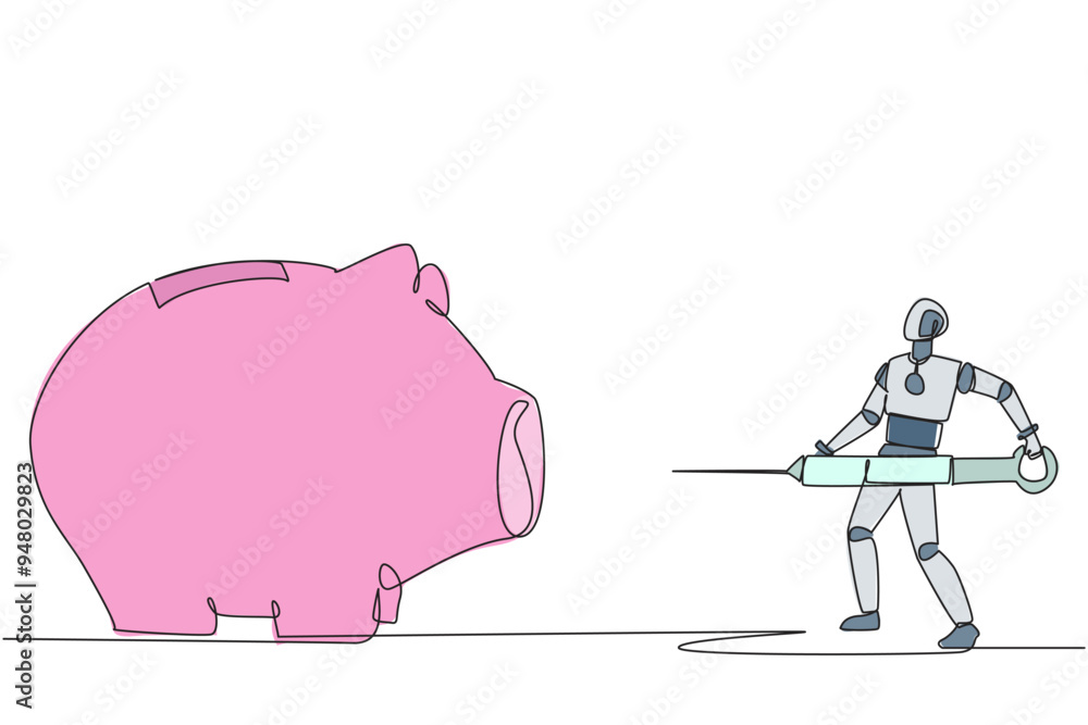 Poster single continuous line drawing robot holding big syringe and wants to inject it into a big piggy ban