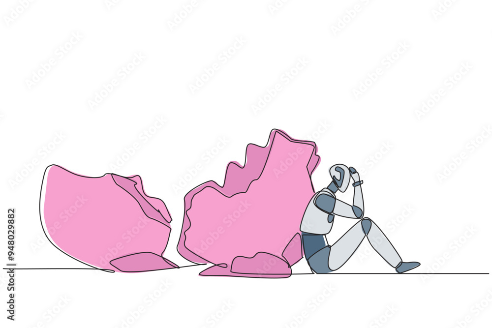 Poster single one line drawing a robot sit slump next to a large, destroyed big piggy bank. artificial inte