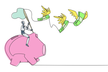 Single continuous line drawing a robot riding piggy bank catch flying banknotes. Financial crisis. Artificial intelligence detects other profit money. Technology. One line design vector illustration