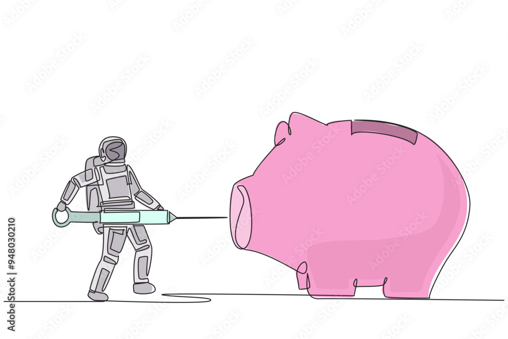 Wall mural Single one line drawing astronaut holding big syringe and inject into a big piggy bank. Significant capital addition. Sustainability of space expeditions. Continuous line design graphic illustration