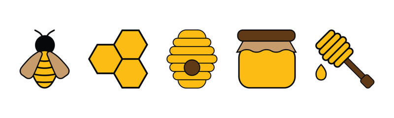 honey and bee icon set. honey harvest symbol. transparent png and vector illustration.