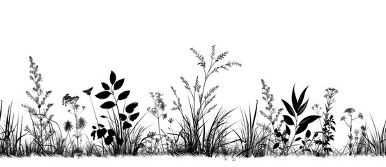 A summer collection of various herbs on a white background. A place for the text. Black and white illustration