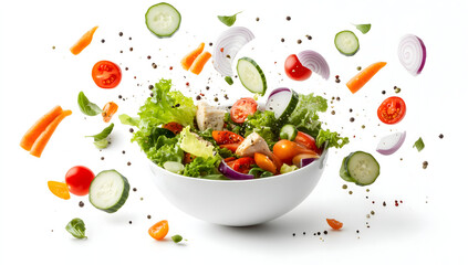 Salad ingredients flying out from bowl on white background Salad and Tossed Concept.