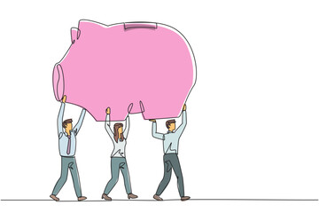 Continuous one line drawing a group of businessmen and businesswomen work together carrying a piggy bank. Invite to invest. Be careful in spending money. Single line draw design vector illustration