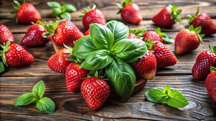 Fresh ripe strawberries and fragrant green basil leaves arranged artfully together on a rustic wooden table, evoking the essence of summer's sweetest flavors.