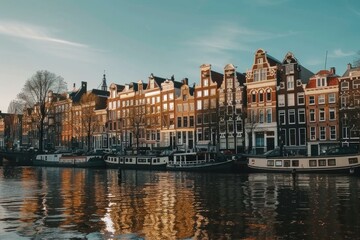 Naklejka premium Canal reflecting the golden light of sunset on the traditional dutch houses of amsterdam, netherlands