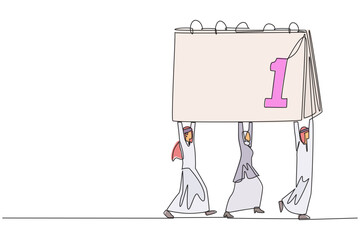 Single one line drawing group of Arab businessmen and Arab businesswomen work together carrying a desk calendar. Work hard together to complete the target. Continuous line design graphic illustration