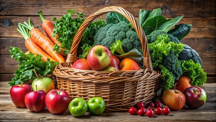 Fresh winter fruits and vegetables, including apples, carrots, and kale, spill out of a wicker basket, promoting a healthy and balanced seasonal diet.