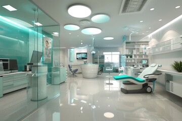 A modern clinic office with a glass partition, an examination chair, and a reception desk