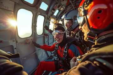 Obraz premium Skydivers preparing for a jump in the airplane, with joyful expressions. Generative AI