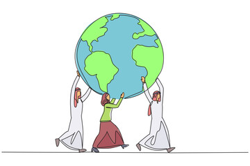 Single one line drawing group of Arab businessmen and Arab businesswomen working together to carry globe. Work hard together. Dominate the market. Global. Continuous line design graphic illustration