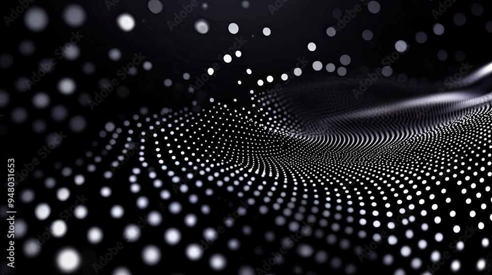 Poster a mesmerizing abstract pattern of dots creating a flowing wave effect, set against a dark backdrop f