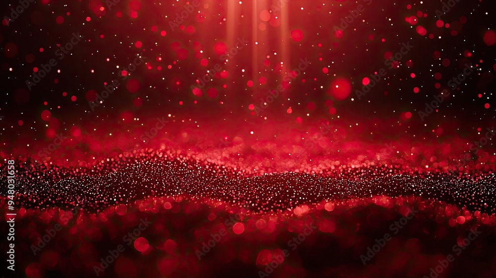 Poster a mesmerizing red background featuring vibrant particles and light beams, perfect for creating a dra