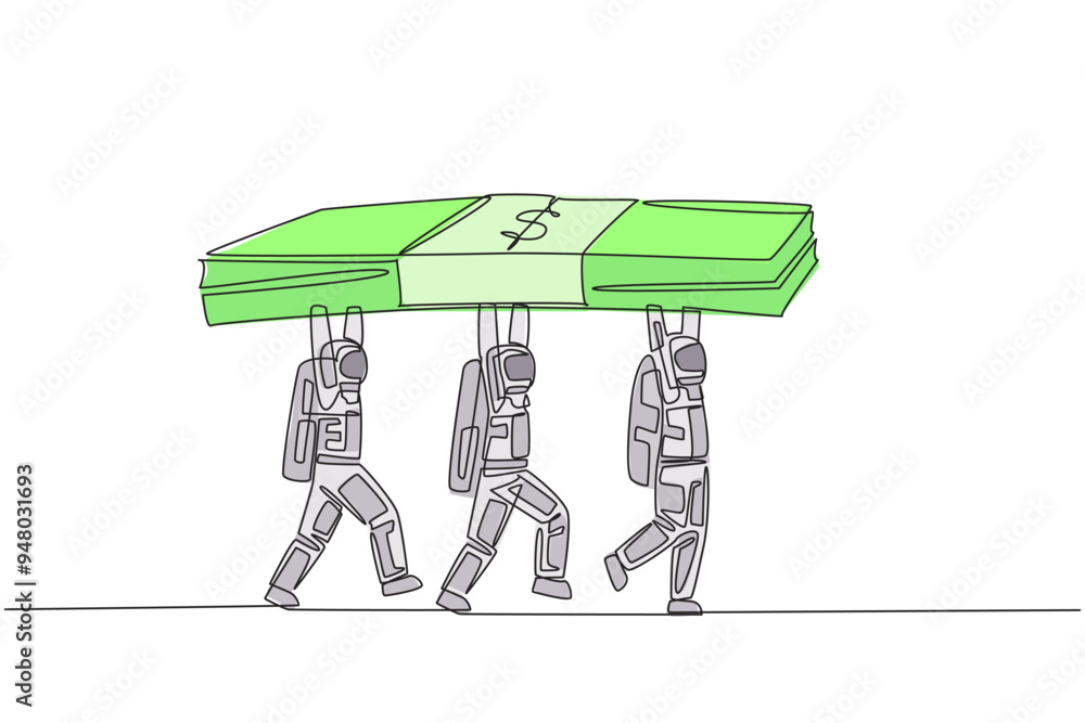 Poster single continuous line drawing group of astronauts working together carrying stack of banknotes. wor