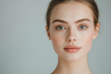 Obraz premium Portrait of a woman with clear and soft skin on a white background. Studio beauty photography for skincare and cosmetic advertisement.