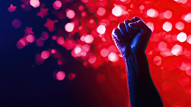 A powerful raised fist symbolizes strength and unity against a vibrant backdrop of red and purple lights. Labor day