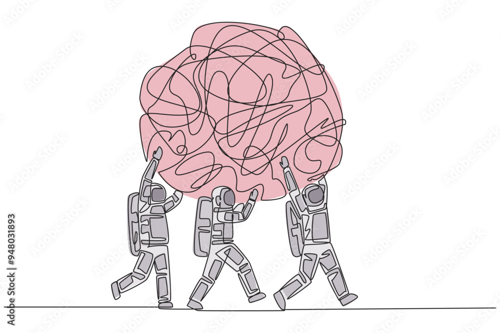 Poster continuous one line drawing group of astronauts work together carrying heavy messy circle. entertain